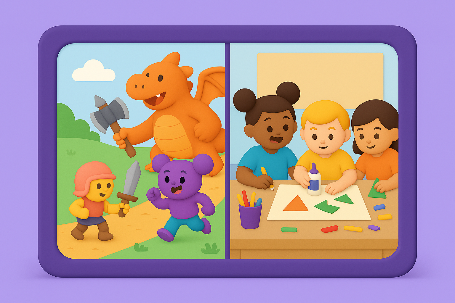 Kids play in a fantasy digital world and in a group project in class