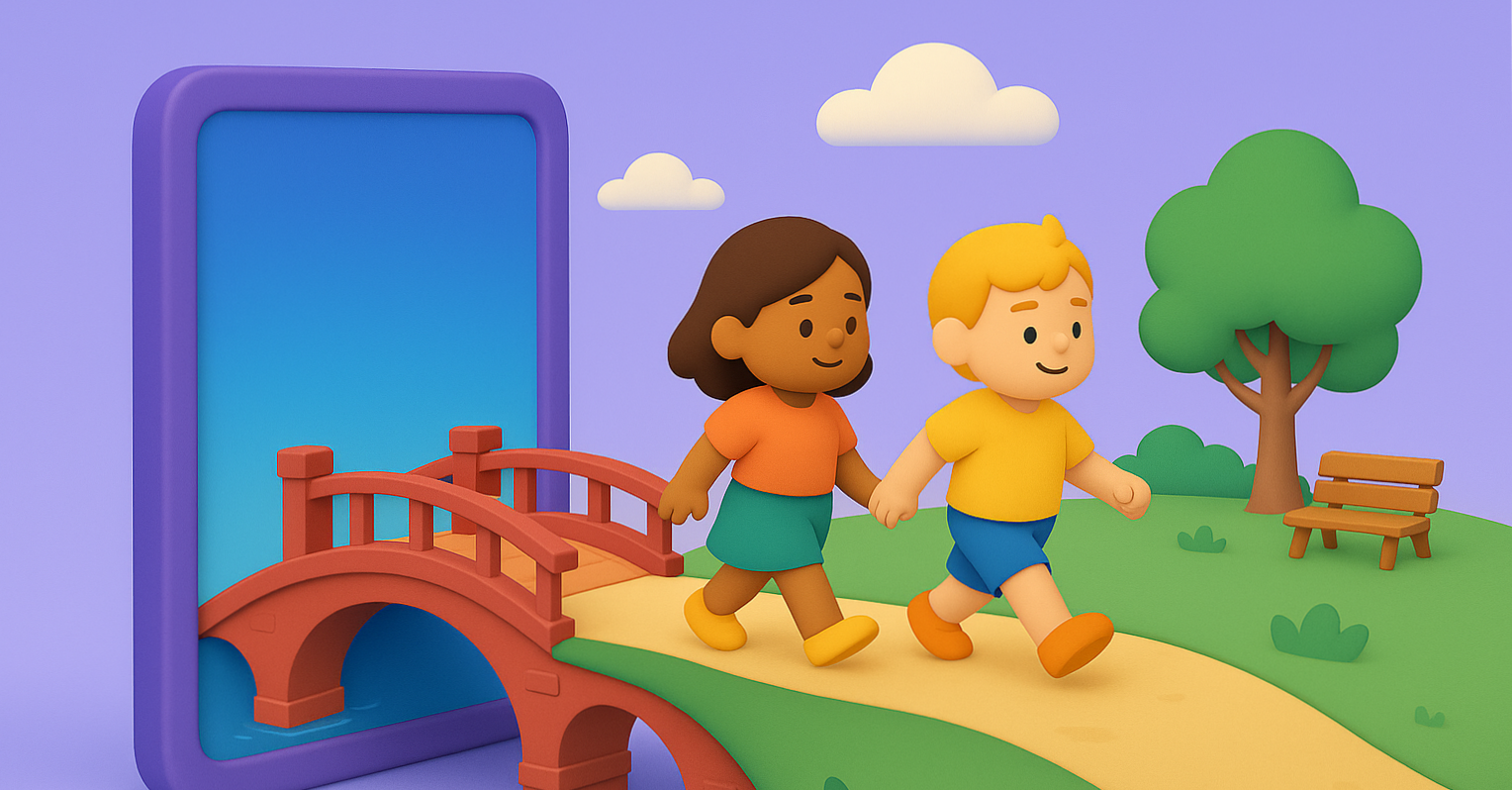 Kids walking out of a digital screen over a bridge into a park