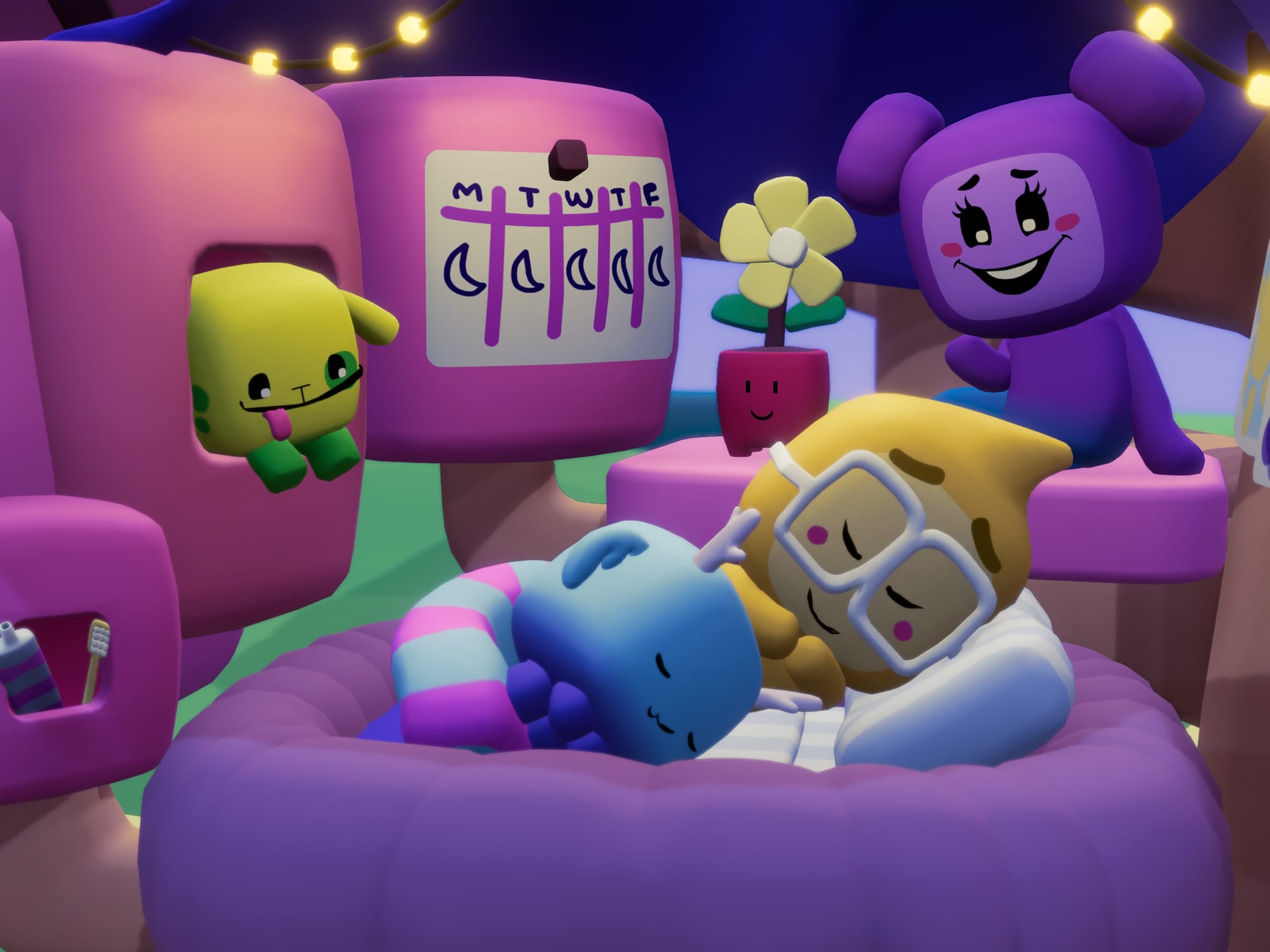Characters from Nurture’s Healthy Habits adventure showing empathy and bedtime routines through interactive digital play.
