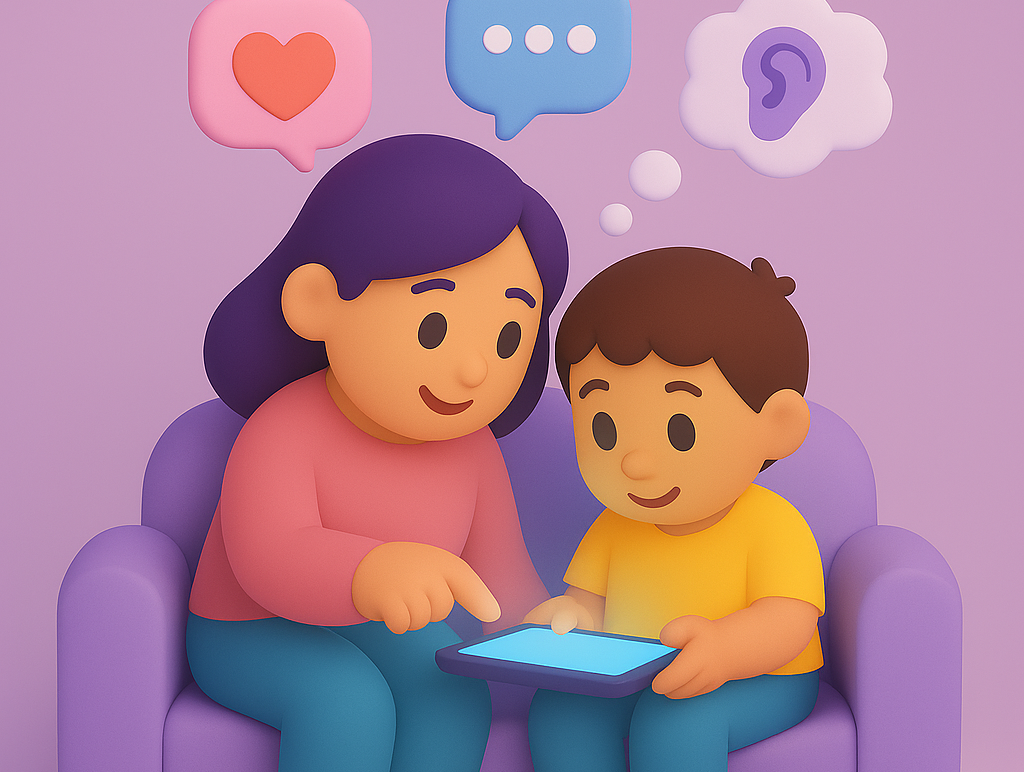 Parent and child with tablet active listening